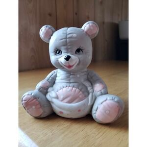 Ceramic Bear‎ Figurine – Gray with Pink & White Polka Dots – Cute Nursery Décor